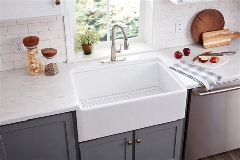 Self-Trimming apron overlaps cabinet face for easy installation and beautiful results. . Lowes farmer sink